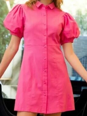 THML Hot Pink Short Dress Puff Sleeve Size Small Lightweight Suede Fabric